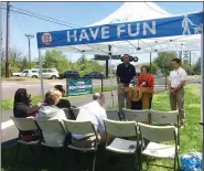  ?? EVAN BRANDT — MEDIANEWS GROUP ?? Montgomery County Commission­ers, from left, Kenneth Lawrence, Valerie Arkoosh and Joe Gale officiated at the April 24, 2019, ribbon cutting for the newly opened section of the Schuylkill River Trail.