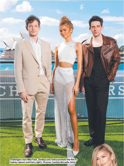  ?? ?? Challenger­s stars Mike Faist, Zendaya and Joshua promote the film in Sydney (above) and Paris (right). Pictures: Caroline McCredie, Getty