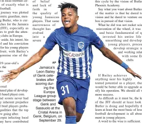  ?? AP ?? Jamaica’s Leon Bailey of Genk celebrates after scoring during the Europa League group stage between Genk and Sassuolo at the Cristal Arena in Genk, Belgium, on September 29.