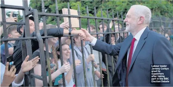  ??  ?? Labour leader Jeremy Corbyn greet to supporters after taking part in the BBC Election Debate