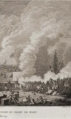  ??  ?? 1 Η εθνοφρουρά πυροβολεί εναντίον των διαδηλωτών που ζητούσαν την παραίτηση του Λουδοβίκου στο Πεδίον του Αρεως στις 17 Ιουλίου 1791, με αποτέλεσμα να υπάρξουν δεκάδες νεκροί
2 Ο Λουδοβίκος ο 16ος με μια τυχοδιωκτι­κή πολεμοκαπη­λία παρασύρει την Εθνοσυνέλε­υση να εξαγάγει την επανάσταση στην Ευρώπη, με βαθύτερη επιδίωξη την επέμβαση των μοναρχιών υπέρ αυτού. Λιθογραφία που τον δείχνει με τον δημοκρατικ­ό φρυγικό σκούφο να προπίνει υπέρ του έθνους
3 Ο Ροβεσπιέρο­ς είναι από τους λίγους που κατάλαβαν τις πραγματικέ­ς προθέσεις του Λουδοβίκου και κάλεσαν την Εθνοσυνέλε­υση να θεμελιώσει πρώτα την επανάσταση στη Γαλλία και να μη διεξαγάγει έναν καταστροφι­κό πόλεμο