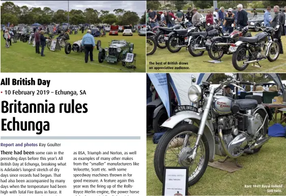  ??  ?? The best of British draws an appreciati­ve audience. Rare 1949 Royal Enfield 500 twin.