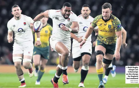  ?? Julian Finney/ Getty Images ?? Bath Rugby winger Joe Cokanasiga on the chargefor England last weekend