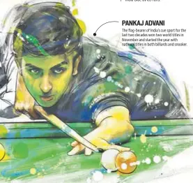  ??  ?? PANKAJ ADVANI The flag-bearer of India’s cue sport for the last two decades won two world titles in November and started the year with national titles in both billiards and snooker.