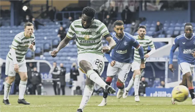  ??  ?? 0 Odsonne Edouard misses from the penalty spot in the second half after the referee had adjudged Joe Aribo’s push on Leigh Griffiths, below, worthy of a spot-kick. Inset left, Celtic chief executive Dominic