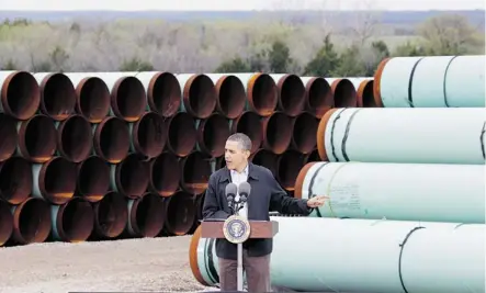  ?? The Canadian Press/Files ?? U.S. President Barack Obama is facing pressure from environmen­tal activists within his party to reject the Keystone pipeline, while economic interests and Canada are urging him to approve the project that will create jobs.