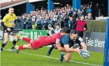  ?? Picture: GETTY IMAGES/PA IMAGES/ PAUL WALSH ?? GRIPPING STUFF: Leinster’s Dave Kearney, going over for a try, will be hoping to see his side emerge victorious against the Southern Kings.