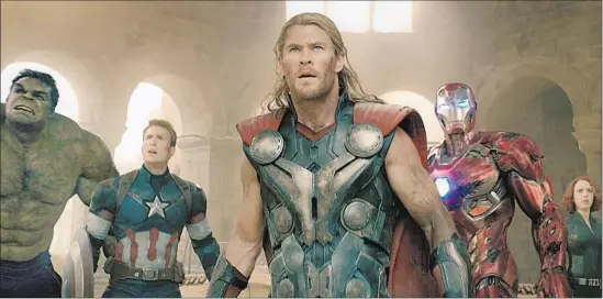  ?? Marvel ?? A GATHERING
of Marvel superheroe­s — the Hulk, left, Captain America, Thor, Iron Man and Black Widow — are primed for action in “Avengers: Age of Ultron.”