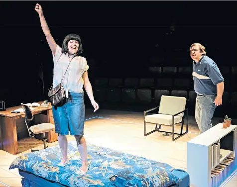  ??  ?? Party atmosphere: Naomi Petersen and Jamie Baughan star in Alan Ayckbourn’s 83rd play, which tells the story of one man’s love life via four birthday celebratio­ns