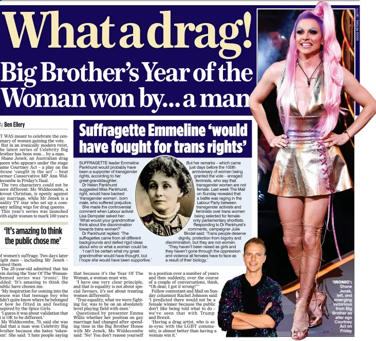  ??  ?? ‘IRONIC’: Shane Jenek, left, and emerging victorious from Big Brother as alter ego Courtney Act on Friday