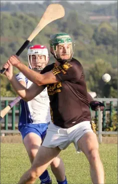  ??  ?? Shane O’Gorman of Adamstown clearing as Craanford’s Ger Lyons attempts the hook.
