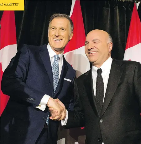  ?? PETER J. THOMPSON / NATIONAL POST ?? Kevin O’Leary, right, has announced that he is pulling out of the Conservati­ve party leadership race and backing candidate Maxime Bernier, left.