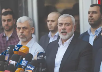 ?? (Abed Rahim Khatib/Flash90) ?? HAMAS CHIEF Ismail Haniyeh speaks to the press upon his arrival at the Rafah border crossing in the southern Gaza Strip in 2017.
