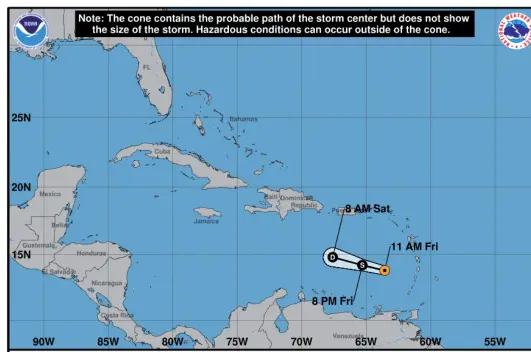  ?? FUENTE EXTERNA ?? Anoche el centro de Kirk se localizaba a unos 400 kilómetros al sur/sureste de San Juan, Puerto Rico.