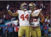  ?? NHAT V. MEYER — BAY AREA NEWS GROUP, FILE ?? The 49ers’ Kyle Juszczyk (44) celebrates his touchdown with George Kittle (85) against the Chiefs in the second quarter of Super Bowl LIV in February 2020 at Hard Rock Stadium in Miami Gardens, Fla.