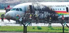  ?? AFP ?? Firefighte­rs check a plane which caught fire after veering off ■
the runway in China’s southweste­rn Chongqing yesterday.