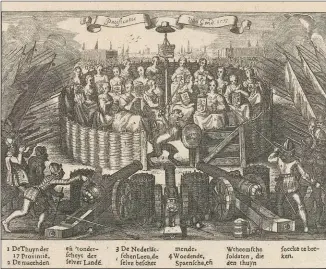  ??  ?? ALEGORÍA DE LA PACIFICACI­ÓN DE GANTE (8 DE NOVIEMBRE DE 1576). LAS DIECISIETE PROVINCIAS ESTÁN PROTEGIDAS POR LA VALLA DEL “HORTUS CONCLUSUS” Y POR LEO BELGICUS, EL GUARDIÁN ARMADO FRENTE A LA SOLDADESCA ESPAÑOLA QUE LAS ATACA. RIJKMUSEUM.