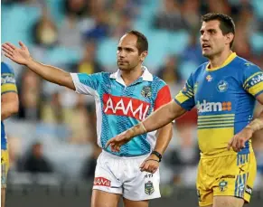  ??  ?? NRL referee Ashley Klein awards the Eels a penalty against Souths last weekend, which Michael Gordon put away for two points.
