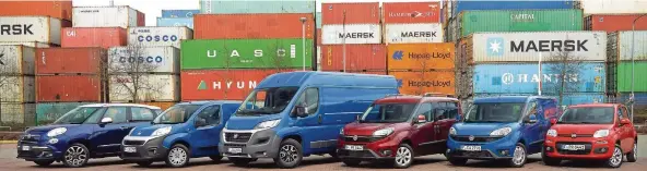  ??  ?? Hier sind sechs der acht Fiat-Modelle zu sehen, die auch mit Erdgas gefahren werden können: (von links) 500L, Fiorino, Ducato, Doblò, Doblò Cargo und Panda. Zudem gibt es den Qubo und den Punto.