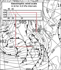  ??  ?? Use the Geostrophi­c scale to work out the predicted wind speed: latiitude on the vertical axis, knots on the horizontal