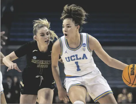 ?? AP PHOTO/KYUSUNG GONG ?? UCLA guard Kiki Rice (right) drives as Sacramento State guard Benthe Versteeg defends during the second half of a first round college basketball game in the women’s NCAA Tournament, on Saturday in Los Angeles.