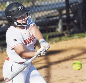  ?? Tyler Sizemore / Hearst Connecticu­t Media ?? Stamford shortstop Cassie Robotti makes contact against Greenwich in Stamford on Tuesday.