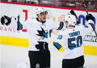  ?? JEFF MCINTOSH/THE CANADIAN PRESS VIA THE ASSOCIATED PRESS/FILES ?? Since coming to the San Jose Sharks from the Buffalo Sabres in a trade, forward Evander Kane has registered nine goals and five assists in 17 games.