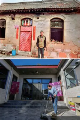  ??  ?? A woman sweeps the courtyard of her renovated house in a village in Zuoquan County, Shanxi Province, north China, on October 16; Her husband poses for a photo in front of their old house