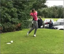  ??  ?? Nathan Geraghty tees off for Baltinglas­s Golf Club during the Barton Cup final first leg last weekend.