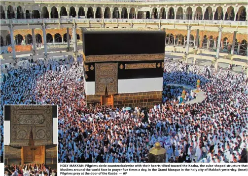  ?? — AP ?? HOLY MAKKAH: Pilgrims circle counterclo­ckwise with their hearts tilted toward the Kaaba, the cube-shaped structure that Muslims around the world face in prayer five times a day, in the Grand Mosque in the holy city of Makkah yesterday. (Inset) Pilgrims...