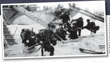  ??  ?? Sub Lt Alan Dalton carried the Union Flag, above, through two battle zones after his D-Day landing went awry. Left, Royal Marines at Juno Beach