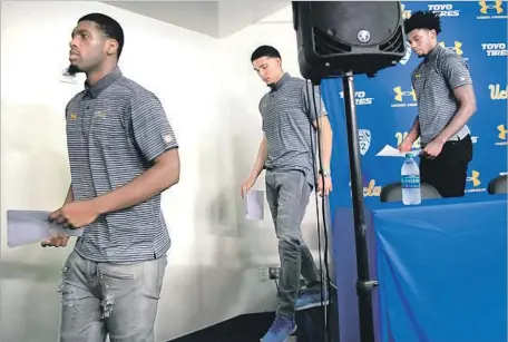  ?? Wally Skalij Los Angeles Times ?? UCLA basketball players, from left, Cody Riley, LiAngelo Ball and Jalen Hill admitted that they shoplifted from three stores in China.