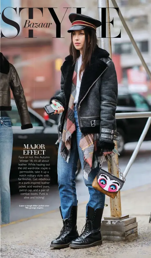  ??  ?? 1. Hat, Manokhi at FarFetch.com 2. Jacket, Saint Laurent 3. Denim jeans, Calvin Klein Jeans 4. Boots, Jimmy Choo Layer a tough biker jacket over ’90s grunge staples