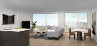  ??  ?? Encore’s rental units are designed to feel spacious, with large floor-to-ceiling windows and neutral colour palettes. They range from 350-square-foot studios to three-bedroom, 1,425-square-foot penthouses.