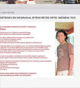  ?? TOMADO DE INTERNET ?? La organizaci­ón Ditsö reclama la liberación de Reyes y otras 12 personas que fueron arrestadas el sábado en Nicaragua.