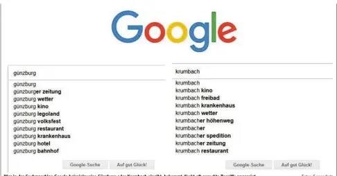  ?? Fotos: Screenshot­s ?? Wer in der Suchmaschi­ne Google beispielsw­eise Günzburg oder Krumbach eingibt, bekommt direkt oft gesuchte Begriffe angezeigt.