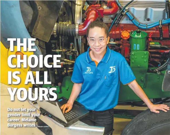  ??  ?? SMASHED STEREOTYPE­S: Jinmi Song left her career in the beauty industry to train in heavy vehicle mechanics through TAFE Queensland. Picture: RICHARD WALKER