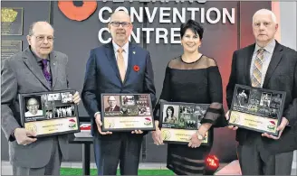  ?? DESIREE ANSTEY/ JOURNAL PIONEER ?? The P.E.I.’s Sports Hall of Fame grew by four members Friday night. This year’s inductees, from left, are Loather Zimmermann, Peter MacDonald, Kathy O’Rourke and Gerard Smith.