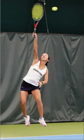  ?? AUSTIN HERTZOG - MEDIANEWS GROUP ?? Spring-Ford’s Isabel Mejia hits a serve against Parkland’s Leah Zolotareva during their No. 2singles match on Oct. 26. At left, Spring-Ford’s Alexis Luo, left, and Evelyn Mejia congratula­te one another after a point during their win at No. 1doubles against Parkland.