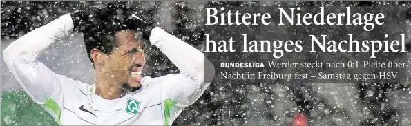  ?? DPA-BILD: SEEGER ?? Zum Haareraufe­n: Werders Theodor Gebre Selassie schlägt nach der 0:1-Niederlage im Schneetrei­ben die Hände über dem Kopf zusammen.