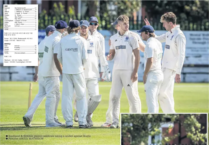  ??  ?? Southport & Birkdale players celebrate taking a wicket against Bootle Pictures:ANGUS MATHESON