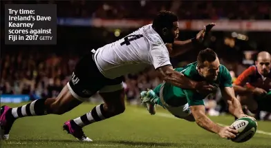  ?? GETTY ?? Try time: Ireland’s Dave Kearney scores against Fiji in 2017