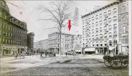  ?? Courtesy of the Hart Cluett Museum ?? Monument Square in Troy, circa 1888, before the Rensselaer County Soldiers and Sailors Monument was build and dedicated in 1891. HBO’S “The Gilded Age” filmed here in June.