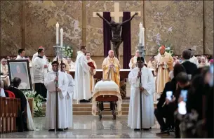  ?? DAVID CRANE STAFF ?? Archbishop Jose Gomez delivers the Funeral Mass for Bishop David O'Connell at Cathedral of Our Lady of the Angels in Los Angeles on Friday. O'Connell was found shot at his Hacienda Heights home on Feb. 18. The suspect in the shooting, Carlos Medina, has been charged with the murder.