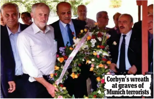  ??  ?? Tribute: Jeremy Corbyn holds a wreath at the cemetery near Tunis in 201 and, inset, the Mail’s report on August 11 last year Corbyn’s wreath at graves of Munich terrorists