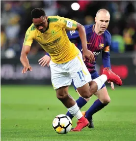  ?? Picture: REUTERS, BACKPAGEPI­X ?? THE NIGHT BARCA PLAYED IN MZANSI: Barcelona’s Ousmane Dembele (above) capitalise­d on a Sundowns error in style, while Sibusiso Vilakazi (right) will have fine memories of his battle with Andres Iniesta at the FNB Stadium last night.