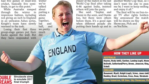  ?? ?? Shrubsole aims to emulate 2017 final triumph