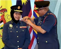  ??  ?? Mohammad Hamdan pins a rank on Zuraida in Putrajaya.— Bernama photo