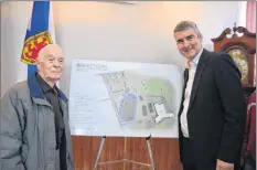  ?? LAWRENCE POWELL ?? Former track and field coach Bill Hirtle and Nova Scotia Premier Stephen McNeil stand beside an image of the new $3.5-million athletics complex that will be built in Bridgetown on the site of the old high school where Hirtle was an original staff member, coach, and principal.