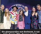  ?? ?? Die glanspaart­jies wat deelneem, is van links: Bennie, Mila, Bouwer, Lucinda, Rian (die aanbieder), Zetske en Altus.